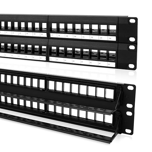 NewYork Cables 24 Port Blank Keystone Patch Panel 1U 19 Inch Rack Mount, Snap-in Modular Design, Cat6 Network Ethernet Panel, Heavy Duty Steel, for Server Racks, Supports Slim Keystone Jacks Only