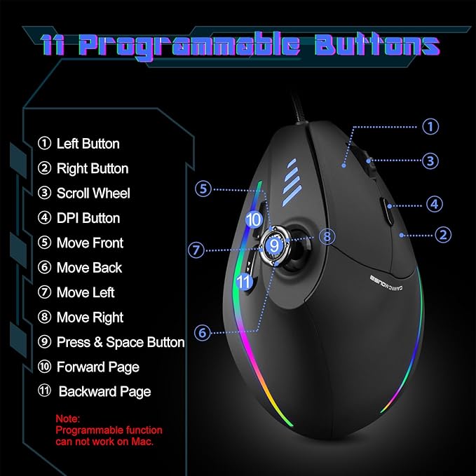 TRELC Gaming Mouse with 5 D Rocker, Ergonomic Mouse with 10000 DPI/11 Programmable Buttons, Vertical Gaming Mice Wired for PC/Laptop/E-Sports/Gamer (Black)