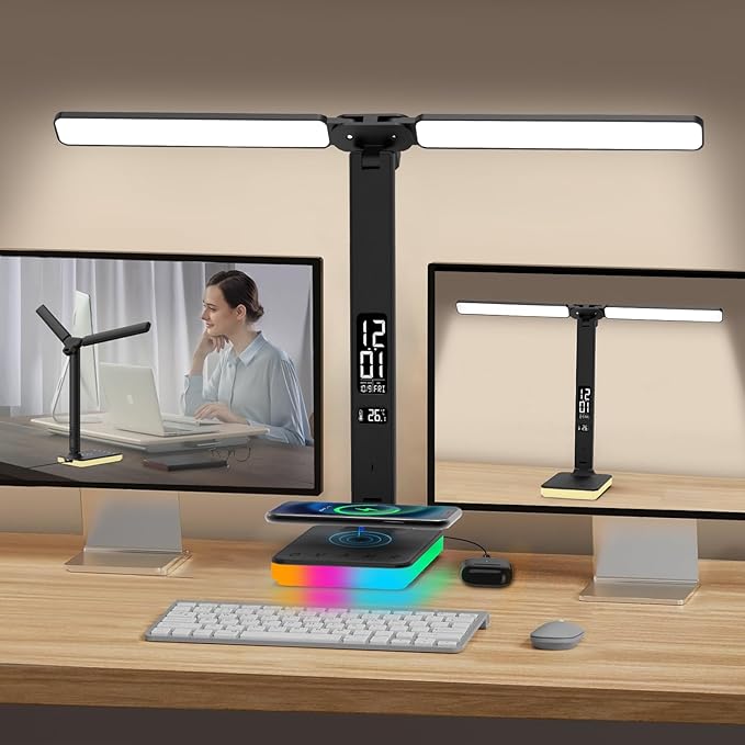 oviouit LED Desk Lamp for Home Office, USB Charging Port, Reading Lamp Desk Light with 5 Brightness, 3 Colors, Table Lamp with Clock, Alarm, Date, Temperature, Desk Lamp for College Dorm Room (Black)