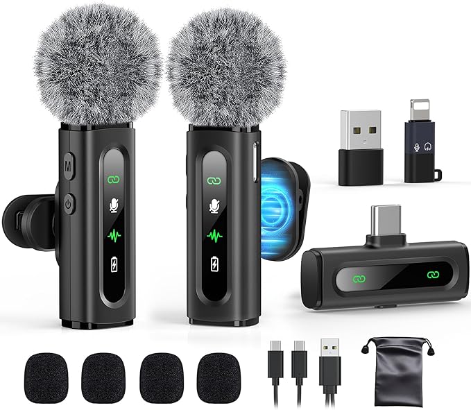 GoorDik Wireless Lavalier Microphone for iPhone, Android, USB C, PC, Camera Video Recording 4 in 1 Clip-on Mics with Rotatable Clip&Denoise Recording, for Vlog Tiktok YouTube Podcast Content Creator