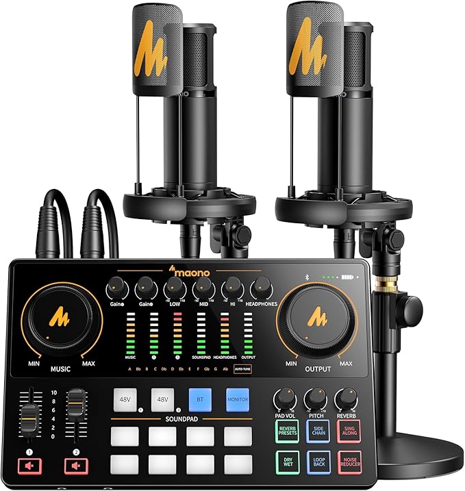 MAONO E2 Gen2B Podcast Equipment Bundle for 2, Dual XLR Condenser Mic Mixer