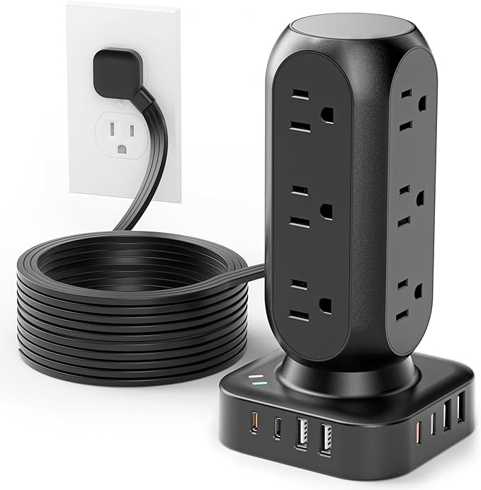 Flat Plug Power Strip Tower, TenTrend 40W Total Fast Charging Station, 10FT