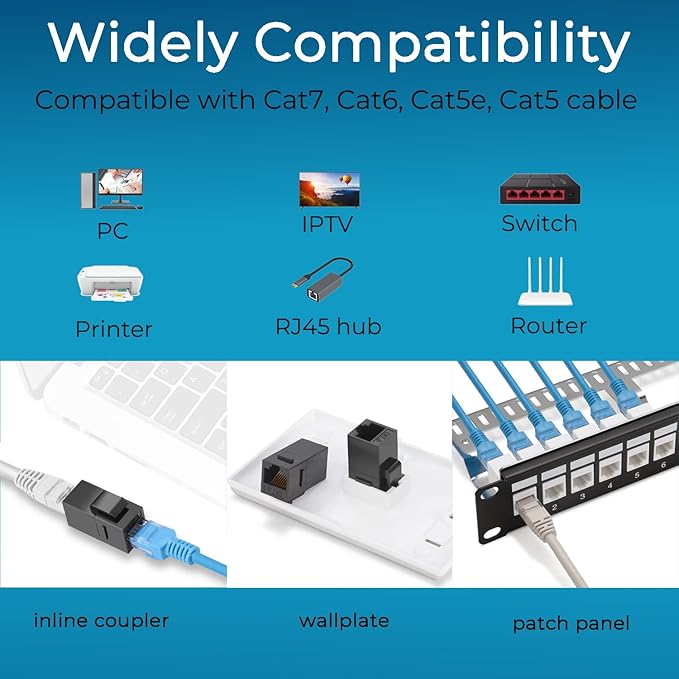 Rapink RJ45 Coupler Inline Keystone Jack, Female to Female RJ45 Keystone Coupler 25 Pack for Ethernet Cat6/Cat5e/Cat5 Cable Extender with Gold Plated Black