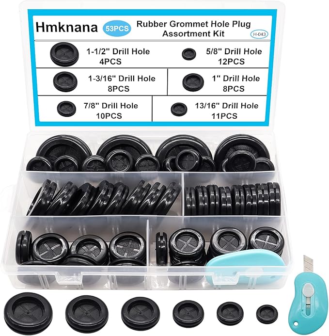 Hmknana 53Pcs Rubber Grommet Kit, 6 Sizes Firewall Grommets Rubber Hole Plugs for Wiring, Automotive Firewall, Cabinet Cable Protection, 5/8" 13/16" 7/8" 1" 1-3/16" 1-1/2" Drill Hole Rubber Gaskets