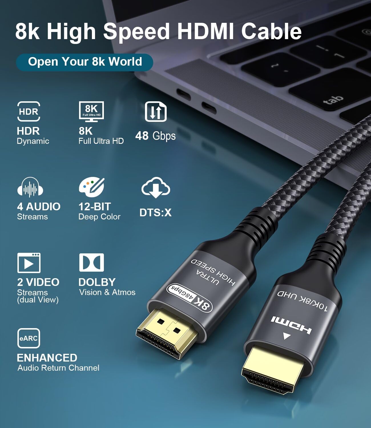 Certified 10K 8K 4K HDMI 2.1 Cable 1.5FT, 48Gbps Ultra High Speed HDMI Cord