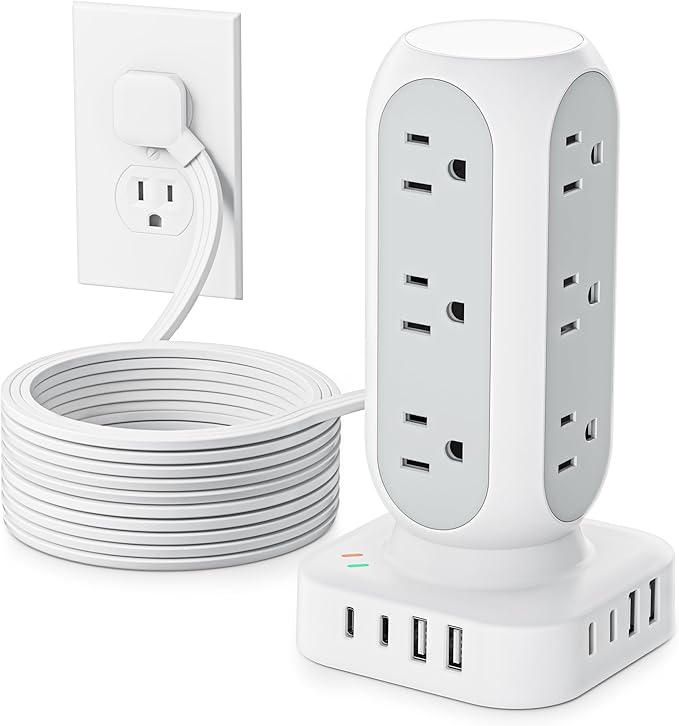 TenTrend Power Strip Tower, Flat Plug Charging Tower, 5 FT Extension Cord