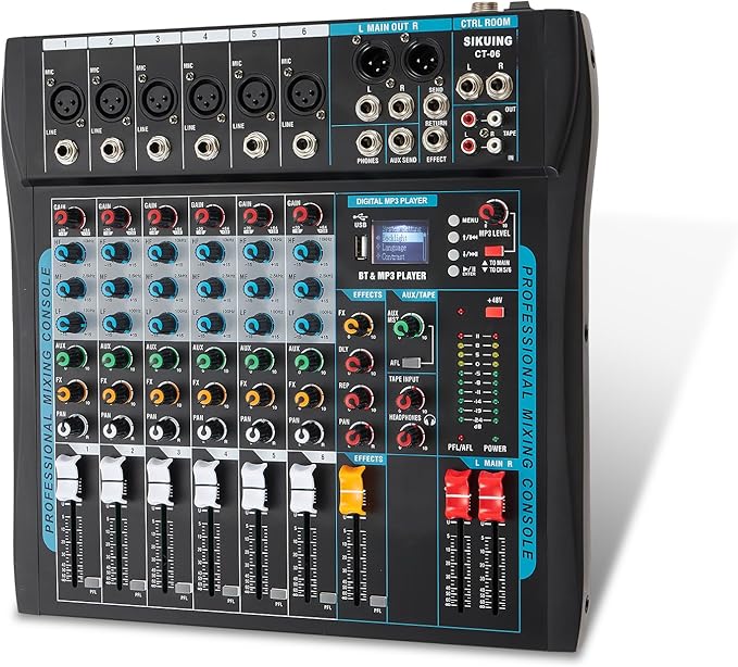 SIKUING 12 Channel Audio Interfacer Sound Board Mixer DJ Mixer 16-Bit DSP Effect USB Audio Mixer +48V Phantom Power Bluetooth Mixer for Karaoke Studio Streaming Recording,Live Streaming