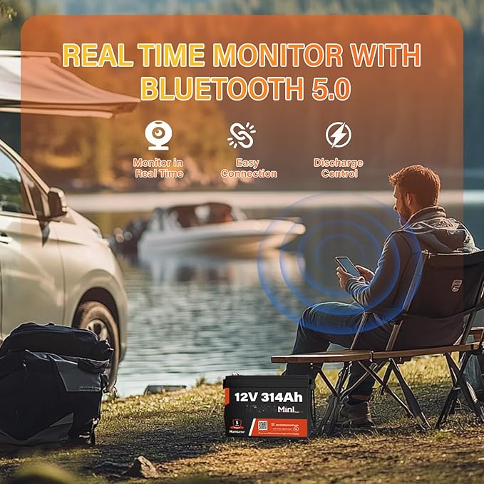 2 PCS Bluetooth 12V 314Ah LiFePO4 Lithium Battery MINI, Max. 4190Wh Energy, EV A+ Cells, Built-in 100A BMS, 15000 Deep Cycles Battery with Low-Temp Protection for RVs, Solar System, Off-Grid