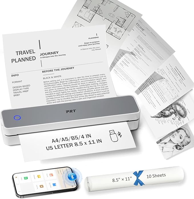 PRT Inkless Portable Printer for Travel, Wireless Thermal Printer Support 8.5 x 11 US Letter A4 B5, Bluetooth Mobile Printers for Laptop, iPhone, Android for Home, Car, Office, School, MT610 Black