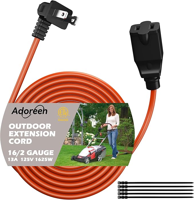 90 Degree 2 Prong Polarized Outdoor Power Extension Cord 35 FT, Angled Low-Profile Plug, 16 Gauge 125V SJTW Waterproof Long Cable for Home Office Lawnmower Garden Tools Lights, ETL+Ties-Bright Orange