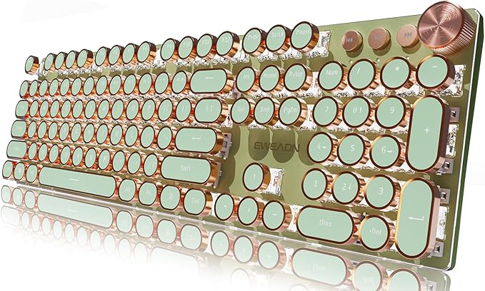EWEADN Wired Typewriter Mechanical Keyboard, Quiet White Linear Switches Retro Punk Style with Media Knob, Elegant Backlit Metal Panel, 104-Key Round Keycaps Cute Keyboard for Windows PC - Pure White
