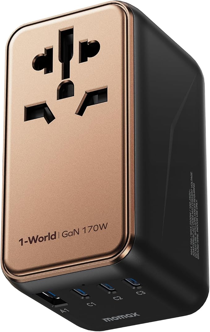 MOMAX 100W Universal Travel Adapter, 5-in-1 GaN International Power Adapter for Laptop, Phone, 2 USB-C PD & 2 USB-A QC Wall Charger, European Travel Plug Adapter for UK/US/AUS/JP, Travel Essentials