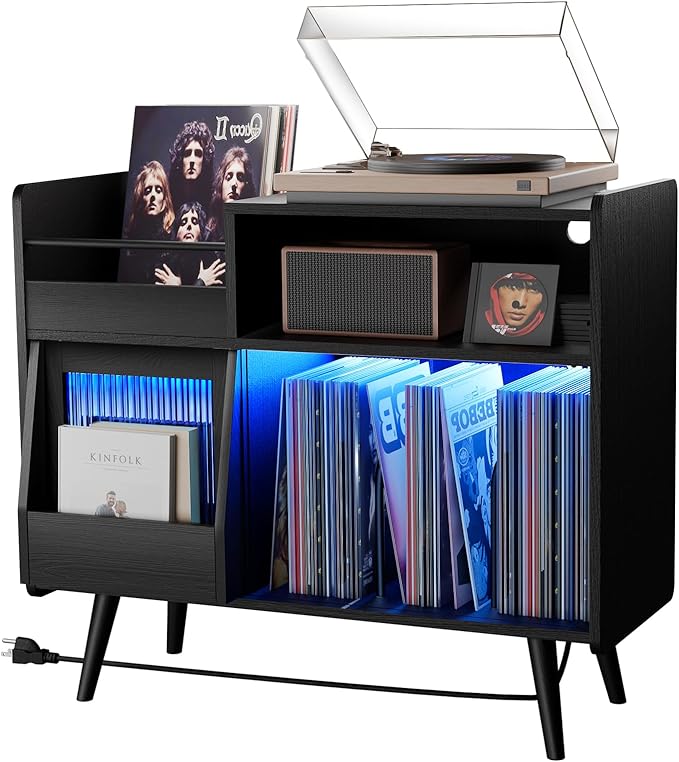 Large Record Player Stand with Sliding Door,350Vinyl Record Storage Cabinet