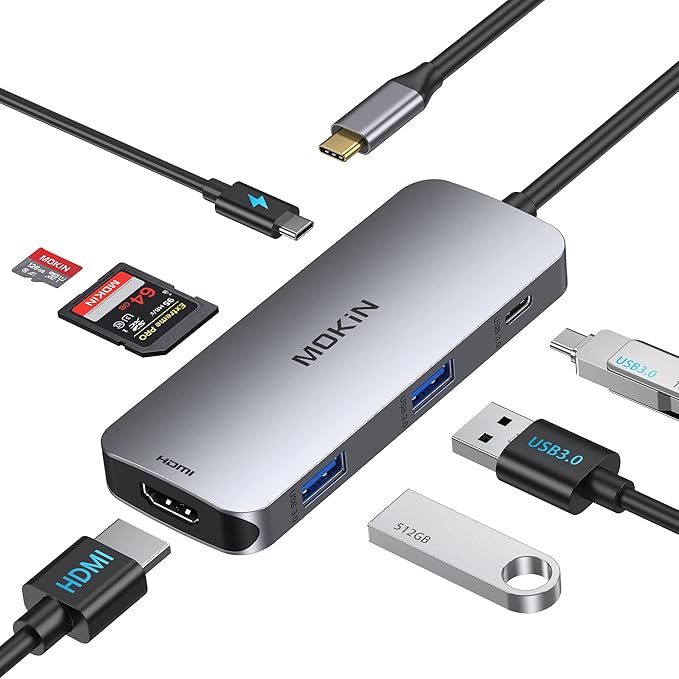 USB C Hub 4K 60Hz HDMI with 100W Power Delivery, USB-C and 2 USB-A 5Gbps Data Multiport Adapter, microSD and SD Card Reader, Dongle for MacBook Air/Pro, Dell, Lenovo, HP, Surface and More