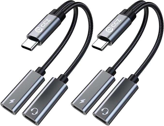 Dual USB C Audio Adapter and Charger Audio Adapter,2 in 1 Hi-Res 16bit/48kHz DAC Aux to USB C with 60W PD Fast Charging Dongle Cable for iPhone 16 Pro Max, Galaxy S25Ultra