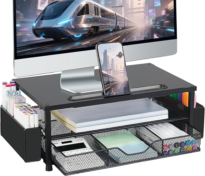 AUPSEN Computer Monitor Stands Riser,2-Tier Desk Organizers and Accessories, Office Desk Accessories Organizer with Drawers and 2 Pen Holder for Office Supplies (Purple)