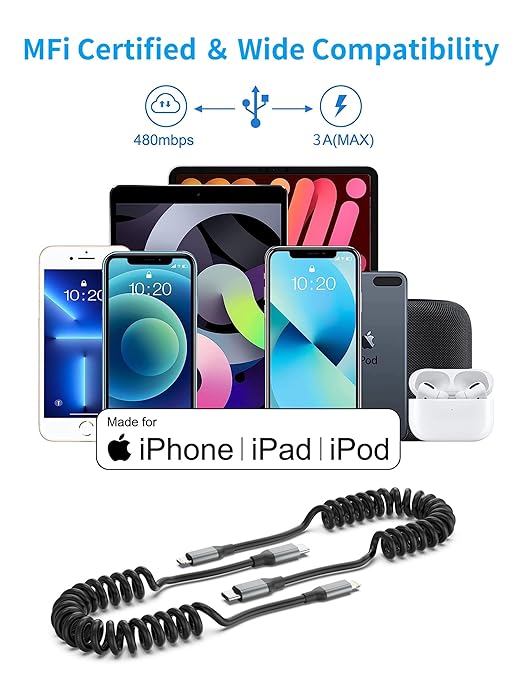 Coiled USB-C to Lightning Cable, 2Pack Retractable iPhone Charger CarPlay