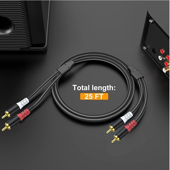 HOSONGIN RCA Audio Cable 25FT - Dual Shielded Noise Free Durable Braided Male to Male Long Audio Cord for Home Theater/Amplifier/Subwoofer/Speaker/Audio Receiver/Vinyl Record Player/SoundBar - 25 feet