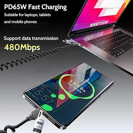 65W 4-in-1 Retractable Fast Charging Cable, 2M/6.5ft Spring Coiled USB-C to L/USB-C/USB-A Multi-Device Cord for iPhone 15/14/13, iPad, Samsung, MacBook, Laptop, Car, Tablet