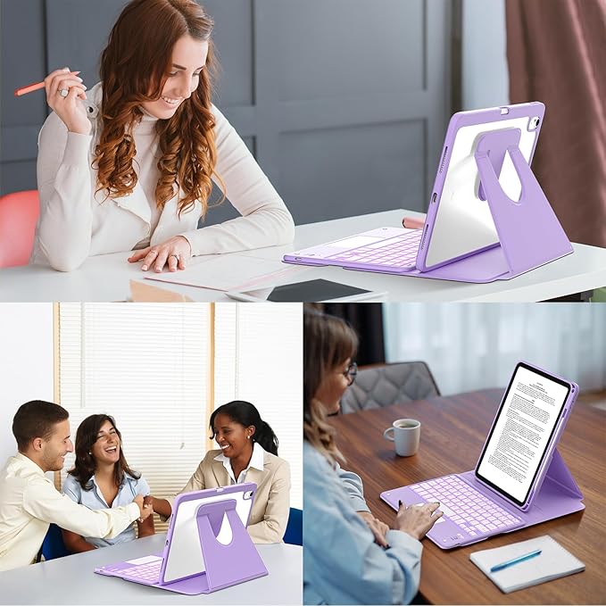 TaIYanG Touchpad for iPad A16 11th/10th Generation Case with Keyboard, 7 Color Backlit 360 Rotation Cover with Pencil Holder,Detachable Keyboard for iPad 11 inch 2025/10th Gen 10.9'' 2022 (Purple)