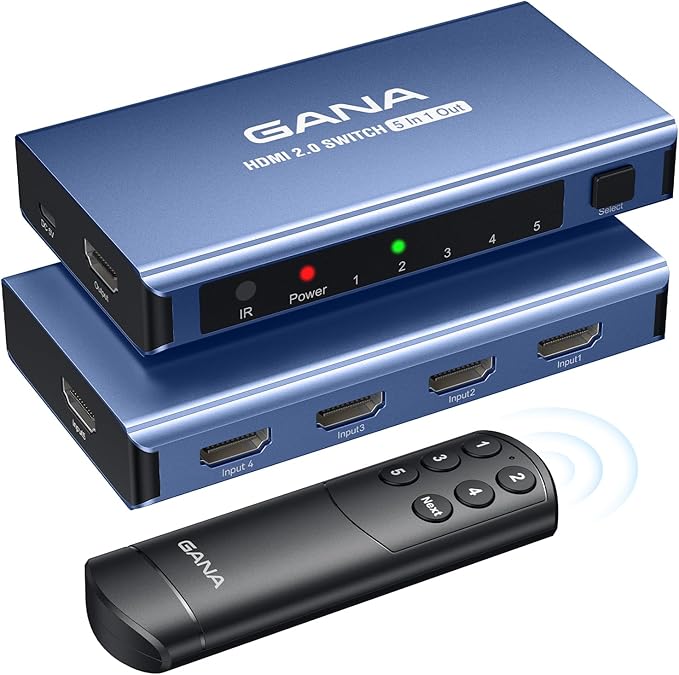 HDMI Switch 5 in 1 Out 4K@60Hz, GANA HDMI Splitter Switcher with Remote, Aluminum HDMI 2.0 Switch Box Hub for 3D, HDCP2.2, HDR, Compatible with Xbox, PS5/4/3,Fire Stick,Roku,Blu-Ray Player, Grey