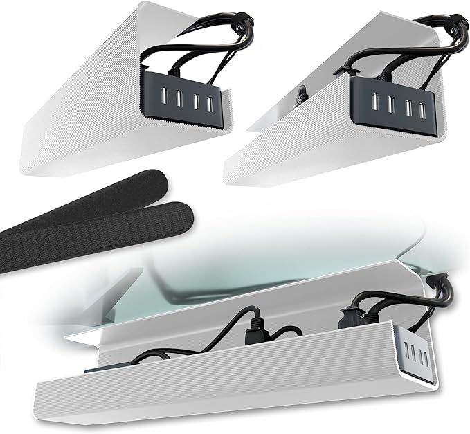 No-Screw Under Desk Cable Management Tray - Self-Adhesive Installation, Cord Management, Cable Tray, Under Desk Wire Organizer - Black Set of 4