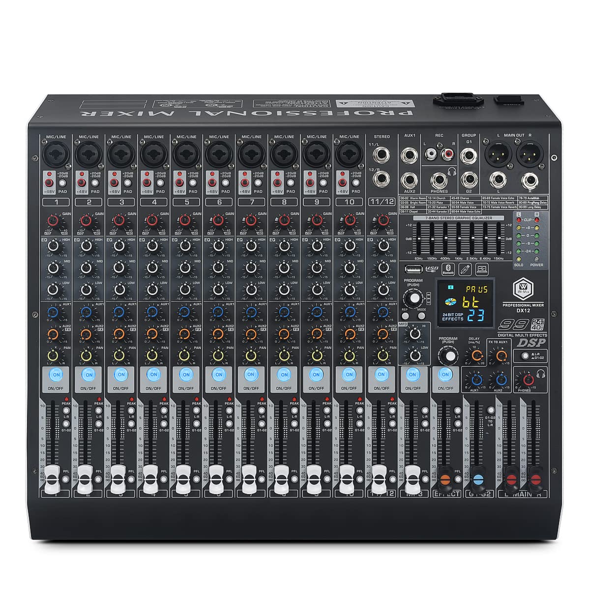 W IN-MIX DX16 Professional 16-Channel DJ Mixer with 99 DSP Effects, 7-Band EQ, 48V Phantom Power, Bluetooth & USB Recording for Live Performance, Studio, Podcast & Streaming