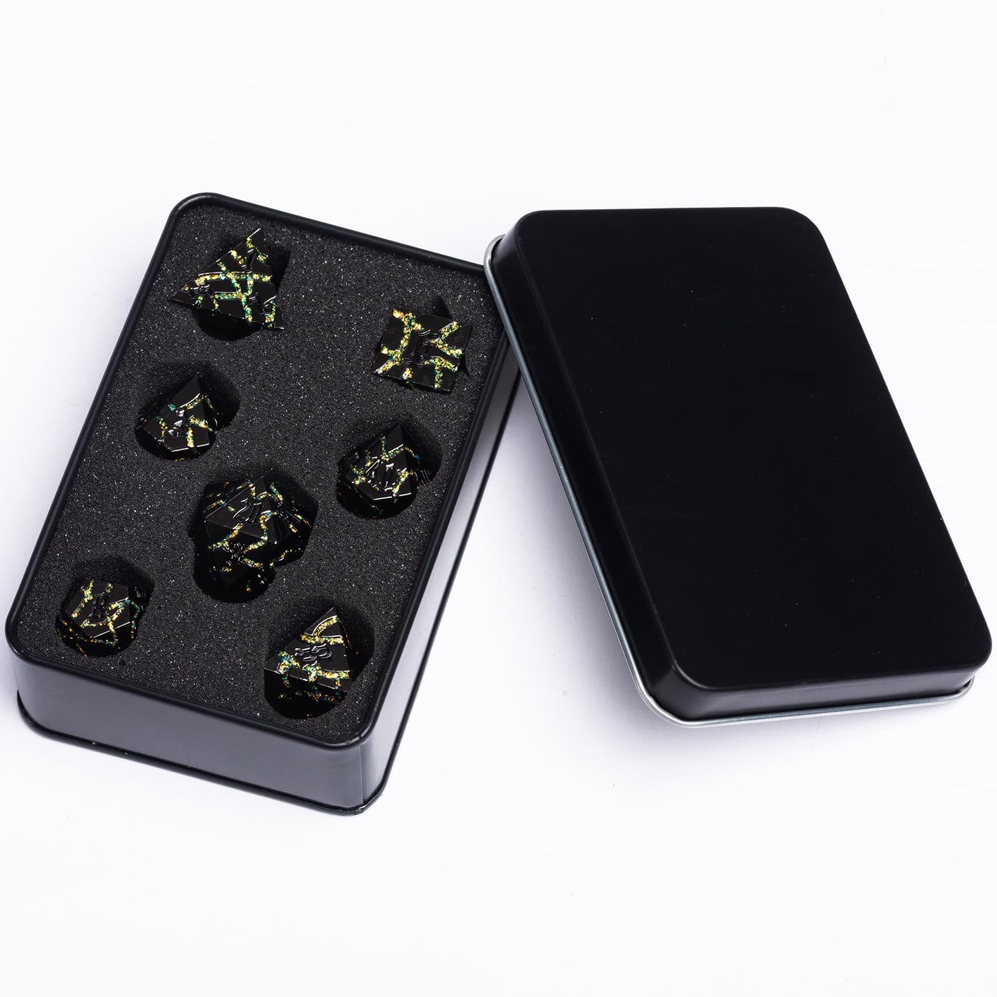 Maywin Cracked Rune Metal Dice Set for DND & RPG – Dark Fantasy Fractured Design, Premium Heavy Metal Polyhedral Dice with Deep Engraved Numbers, 7-Piece Set – Green Mystic Vein