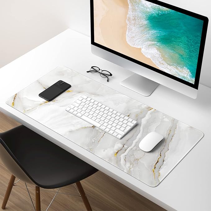Extended Gaming Mouse Pad, XXL Large Desk Pad 30 x 14 Inch, Big Computer Keyboard Mousepad, Waterproof Mouse Mat with Stitched Edges and Non-Slip Base for Women Office Gaming, White Marble