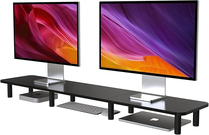 WEGASTU 43.7" Extra Long Dual Monitor Stand Riser, Wood & Steel Monitor Stand for 2 Monitors, Wide TV Stand, Desktop Riser for Desk Organization, Home Office,Laptop,Printer