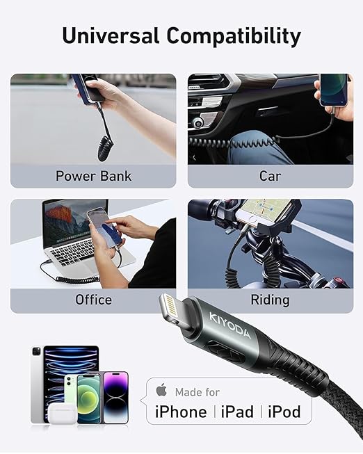 USB to Lightning Cable for Car 6FT, Coiled iPhone Charger Braided USBA to
