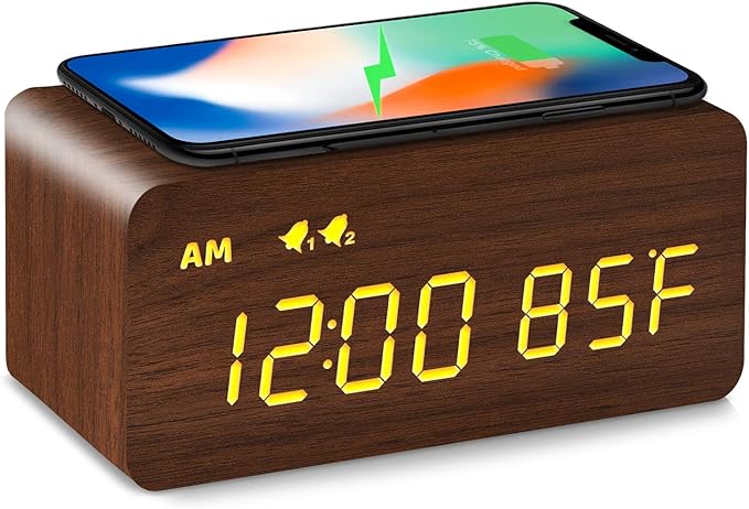 Premium White Wooden Digital Alarm Clock with Wireless Charging Pad, Time & Temperature Display, Dual Alarms & Snooze, Dimmable, Small LED Desk Clock for Bedroom Nightstand Bedside Living Room Table