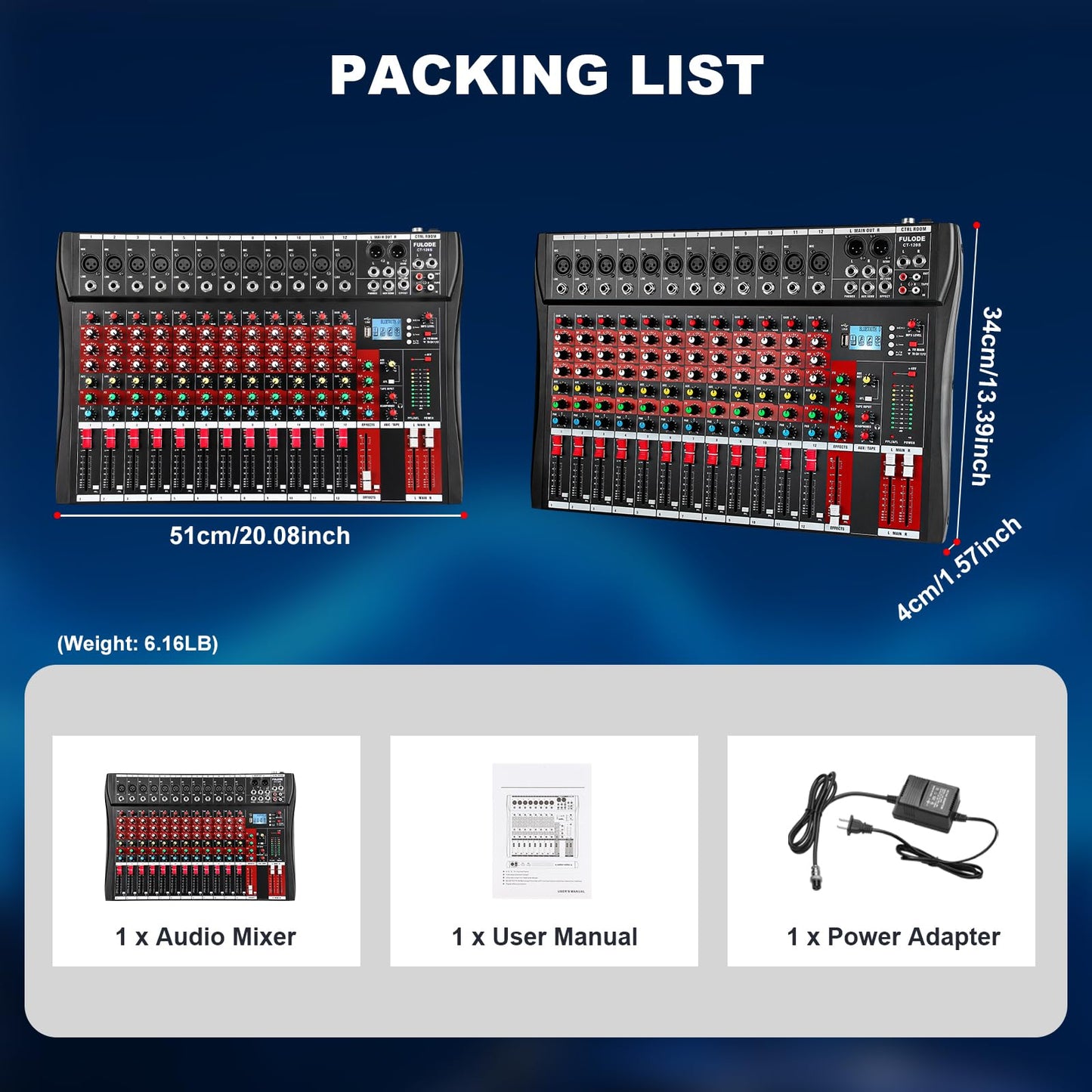 FULODE 12 Channel Audio Mixer, Professional Music Mixer Board DJ Mixing Console with Bluetooth, USB/MP3 Player, Reverb, and 48V Phantom Power for Studio Recording, Karaoke, and Live Performances