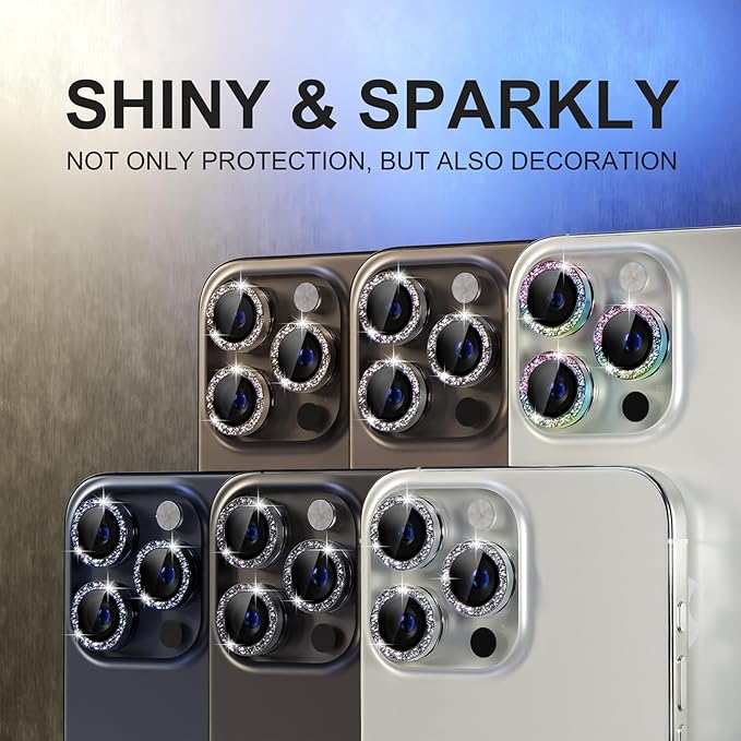 Choiche Compatible for iPhone 15 Pro/iPhone 15 Pro Max Camera Lens Protector Bling, 9H Tempered Glass Camera Cover Screen Protector Metal Ring Decoration Accessories (Glitter-Black)