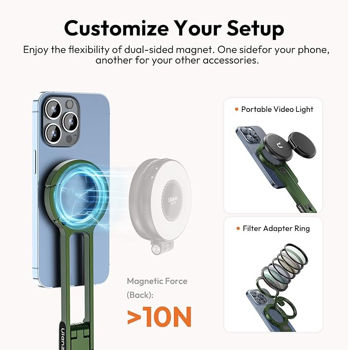 ULANZI MA30 Magnetic Phone Tripod Stand for iPhone - Aluminium Maglock Smartphone Mini Tripod Pocket Cell Phone Stand Strong Magnet Quick Mount Compatible with iPhone 16 15 14 13 12 Series, Green
