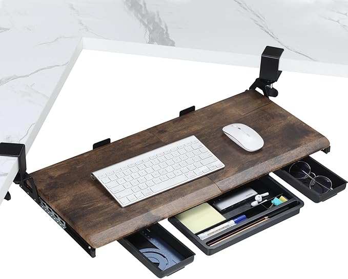 ETHU Keyboard Tray Under Desk, Ergonomic Corner Keyboard Tray with 180° Adjustable C Clamp for L Shape Desk 26.77" X 12.2" Easy to Install, Computer Keyboard Stand for Home and Office(Oak)