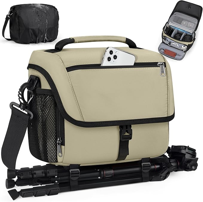 RAINSMORE Camera Bag, DSLR/SLR/Mirrorless Camera Case with Tripod Holder Waterproof Camera Sling Bag Crossbody Camera Bags for Photographers with Rain Cover for Canon/Nikon/Sony/Fuji