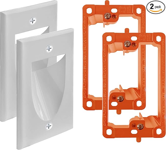 1 Pack Wall Plate Cable Pass Through with Bracket - In Wall Cable Management Kit - Recessed Cable Wall Plate Pair with Single Gang Low Voltage Mounting Bracket - Decorator Cover for Low Voltage Cables