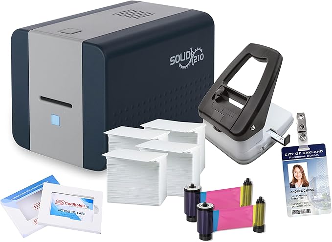 Cardholdir ID Easy Badges Solid 210 ID Badge Printer | with Beginner Software, HD Webcam, & Everything Needed to Design and Print 200 ID Cards, | Single Sided Employee & Student ID Card Printer