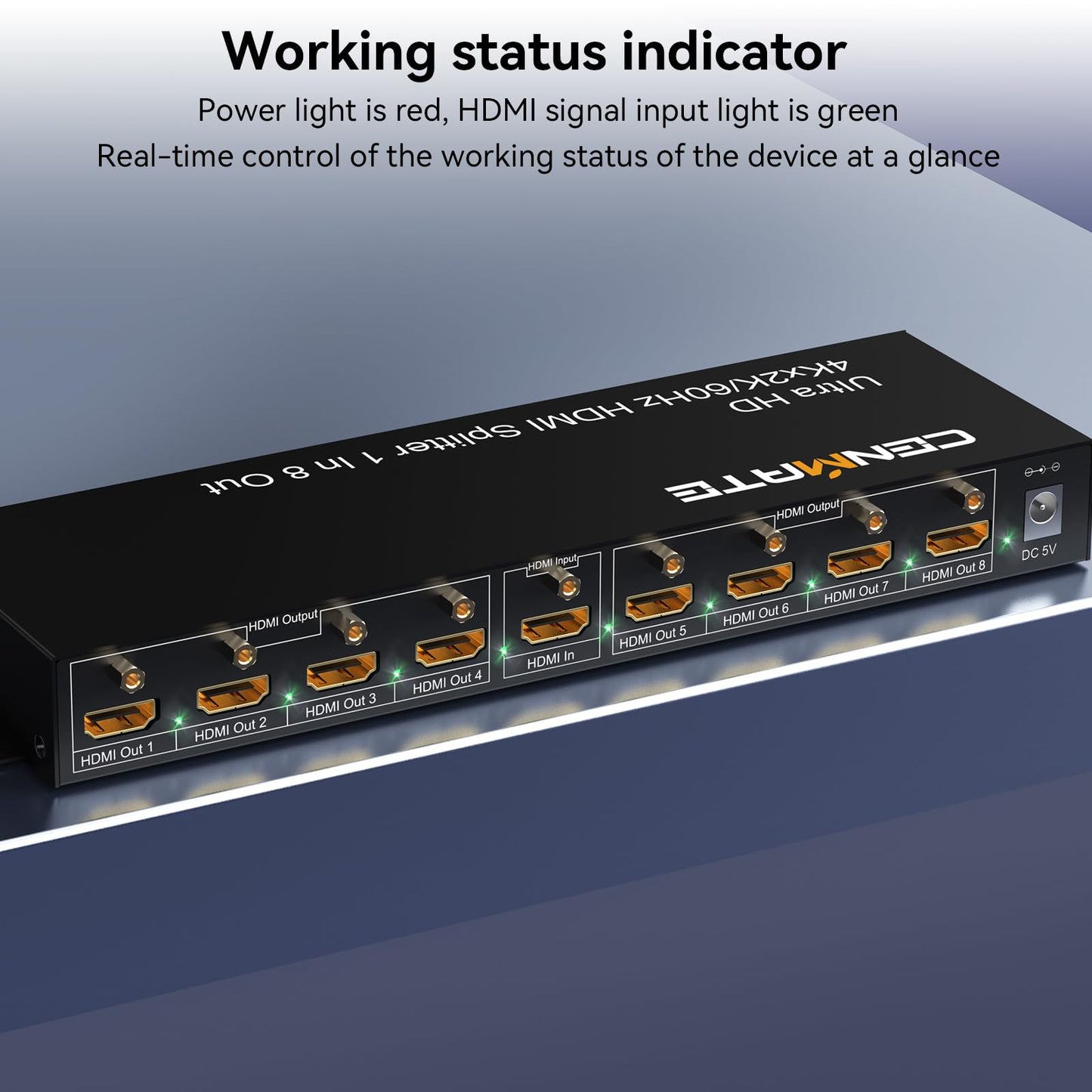 CENMATE HDMI Splitter 1 in 8 Out, 8 Port HDMI Splitter Support 4K@60Hz 4:4:4 8-bit Duplicate/Mirror, HDMI 2.0, 18 Gbps, EDID, HDCP, 3D Video Play
