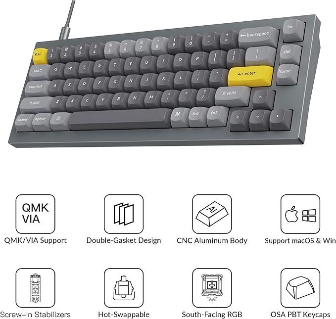 Keychron Q2 Wired Custom Mechanical Keyboard, QMK/VIA Programmable Macro, Full Aluminum, Hot-Swappable Gateron G Pro Red Switch, 65% Layout Double Gasket Compatible with Mac and Windows - Grey