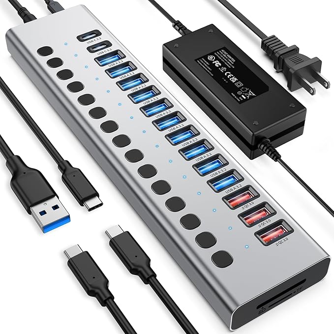 VANGREE Powered USB Hub 10Gbps, 17 Ports USB 3.2 Hub, 96W Power Adapter
