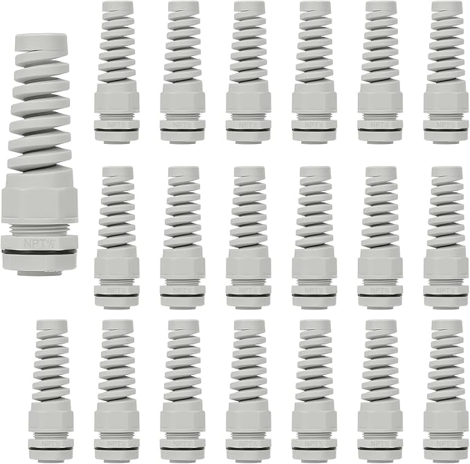 LeMotech 5Pcs NPT 3/4" IP68 Waterproof Cable Gland Flex Spiral Strain Relief Grey Nylon Joint with Gaskets for 13-18mm Wire Thread