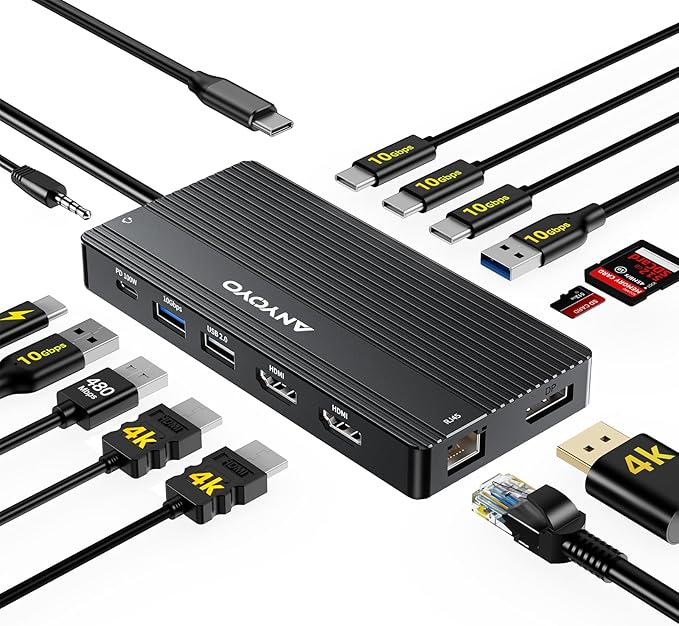 ANYOYO USB C Docking Station Dual Monitor, 14 in 1 Docking Station 3 Monitors with 2 * 4K HDMI, DP, 5*USB-A/C 10Gbps Ports, Ethernet, SD/TF,100W PD, Hub Multiport Adapter for HP/Dell/Lenovo