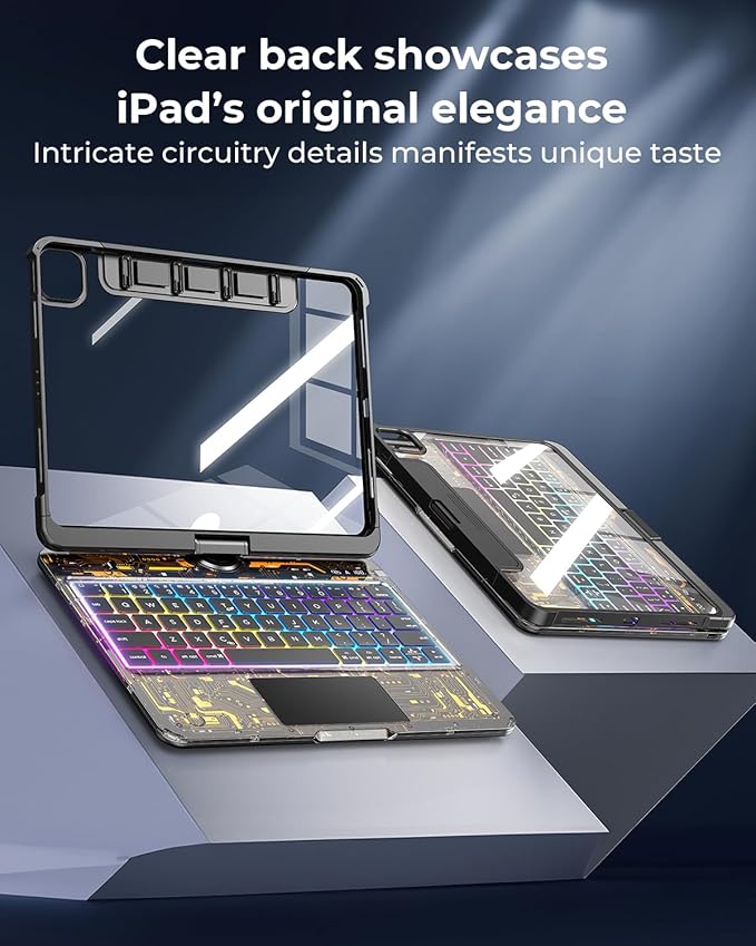 SIBEITU Keyboard Case for iPad A16 11th Gen 11" 2025 & 10th Gen 10.9" 2022, Clear Wireless Keyboard Protective Cover with Multi-Touch Trackpad, 7-Color Backlight & 3-Brightness, 360 Rotatable, Black