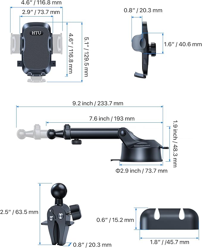 HTU Car Phone Holderγ2026 Upgraded 100+LBS Suction & Safety Certγ Cell Phone Car Mount for Truck Heavy Duty Phone Holder for Dashboard/Windshield/Vent for iPhone 17 16 Pro Max, Dark Black