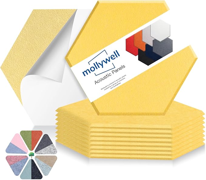 Mollywell Hexagon Acoustic Panels 14x12 - Reduce Echo & Reverb, Noise Blocking Wall Tiles for Living Room & Bedroom, Deep Camel, Deep Brown, Black, Beige Sound Absorbing Panels