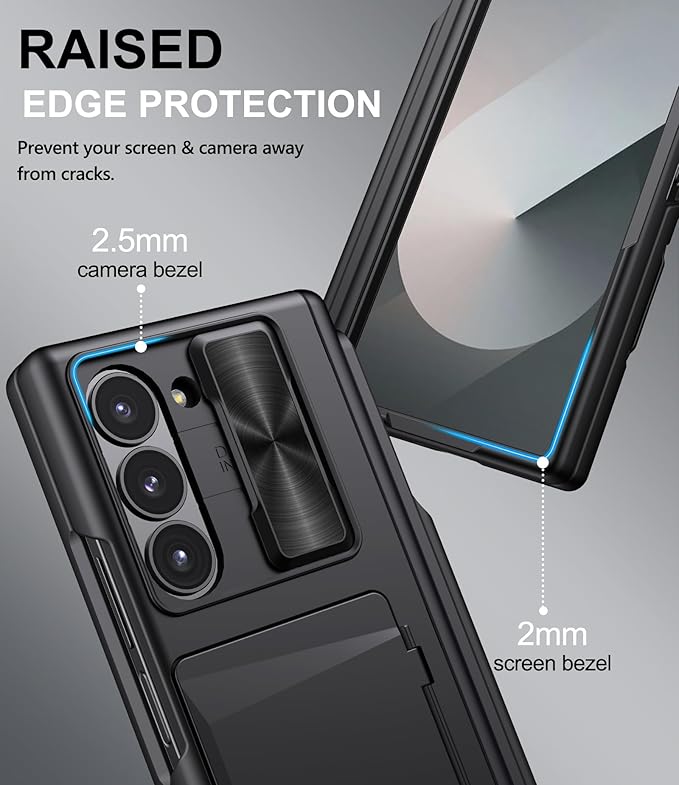for Samsung Galaxy Z Fold 6 Case with Card Holder & S Pen Holder & Slide Camera Cover, Built-in Hinge Protection & Screen Protector, Durable Wallet Phone Cover Case for Z Fold 6 5G 2024, Black