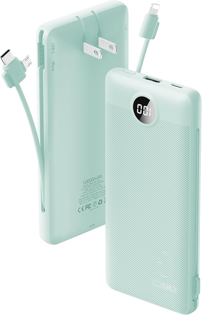 Portable Charger Built-in Cables and AC Wall Plug, VRURC USB C Power Bank 10000mAh, Travel Battery Portable Phone Charger Compact Lightweight External Battery Pack for SmartPhones