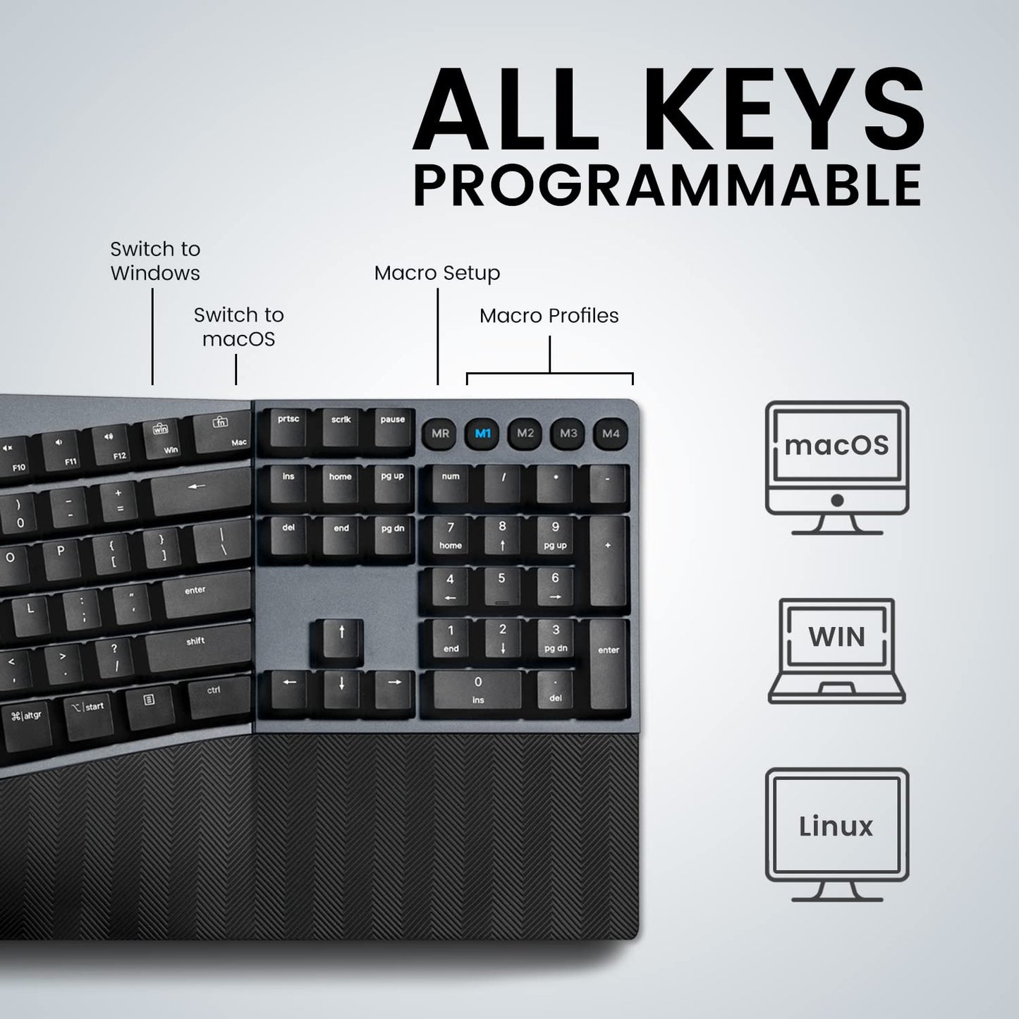 Perixx PERIBOARD-535BR Wired Ergonomic Mechanical Split Keyboard - Low-Profile Brown Tactile Switches - Programmable Feature with Macro Keys - Compatible with Windows and Mac OS X - US English, Black